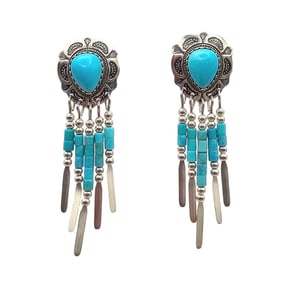 Quac Trading Turquoise Sterling Silver Fringe Dangle Earrings 5.4 G