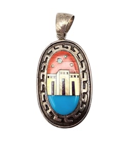 Southwestern Style Coral Turquoise Mother Of Pearl Abalone Sterling Silver Inlay House Scene Pendant