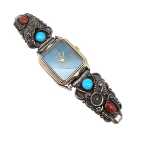 STC Coral Turquoise Sterling Silver Watch 28.6 G