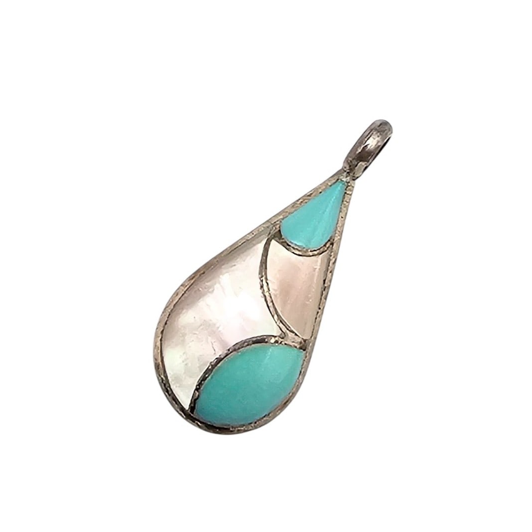 Abel Toledo Navajo Mother Of Pearl Turquoise Sterling Silver Pendant 1.6 G: Abel Toledo Navajo Mother of Pearl Turquoise Sterling Silver Pendant 1.6 G