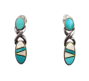 Native Turquoise Opal Sterling Silver Inlay Dangle Earrings 3.9 G