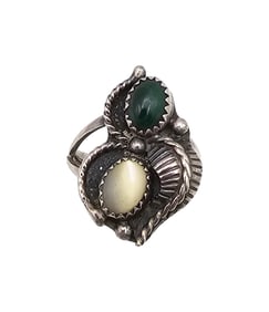 Signed D Navajo Mother Of Pearl Malachite Sterling Silver Ring Size 7.5 4.5 G