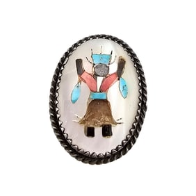 Navajo Mother Of Pearl Turquoise Coral Onyx Sterling Silver Kachina Dancer Ring Size 6.75 8.1 G