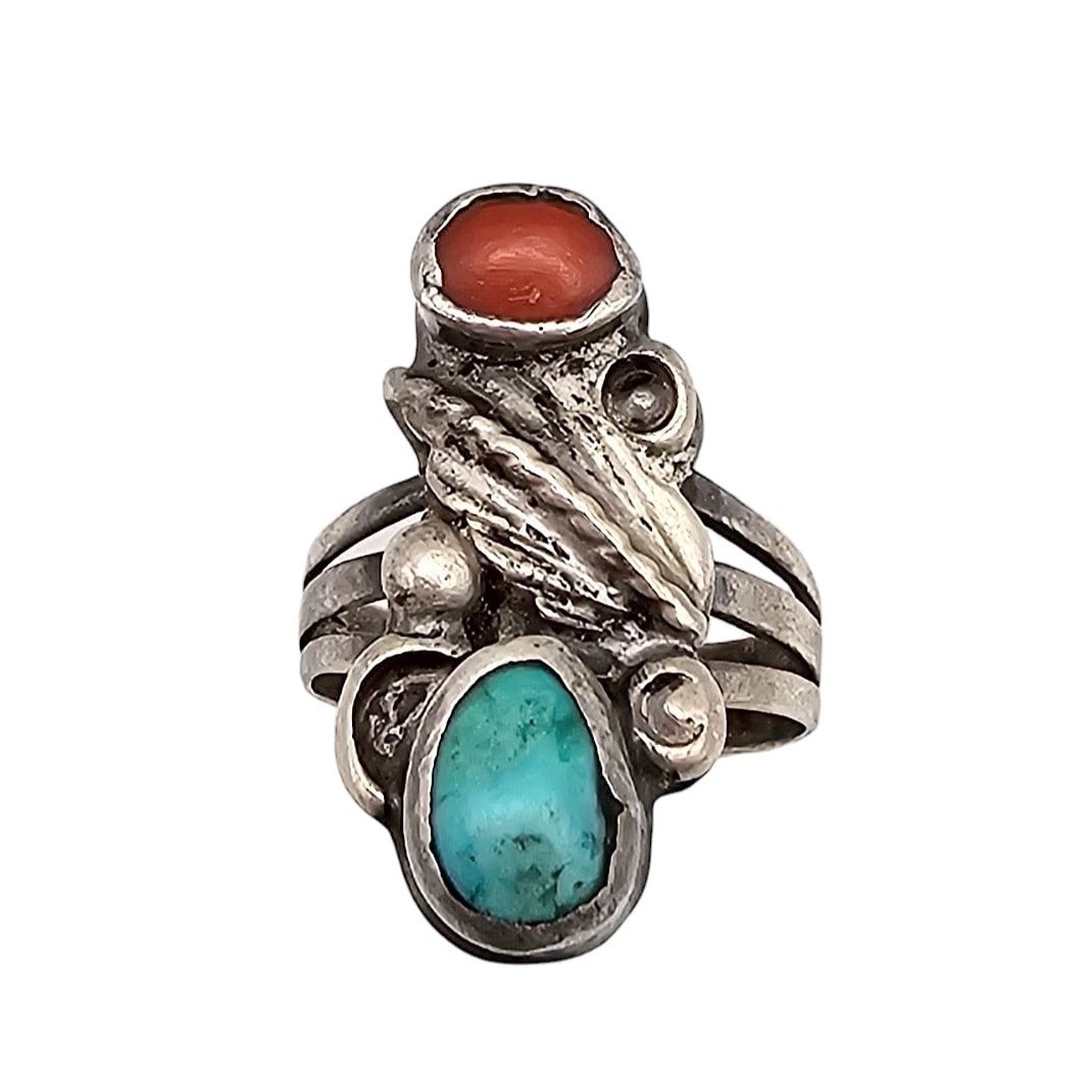 Navajo Turquoise Coral Sterling Silver Ring Size 5.25 4.8 G (1 of 4)