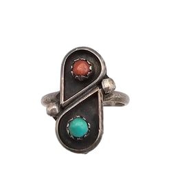 Navajo Turquoise Coral Sterling Silver Shadow Box Ring Size 4.25 2.4 G