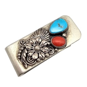 Navajo Coral Turquoise Sterling Silver Top Money Clip 19 G