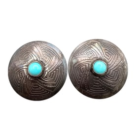 Navajo Turquoise Sterling Silver Concho Disk Earrings 6 G