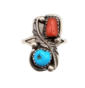 Signed RB Navajo Coral Turquoise Sterling Silver Ring Size 7.5 3.3 G