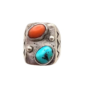Navajo Turquoise Coral Sterling Silver Ring Size 9.75 13.2 G