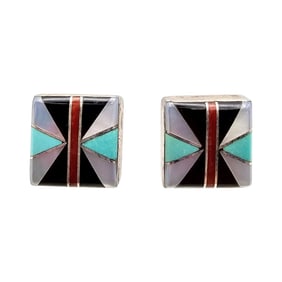 Picto Signed Native Mother Of Pearl Turquoise Coral Onyx Sterling Silver Inlay Earrings 2.8 G
