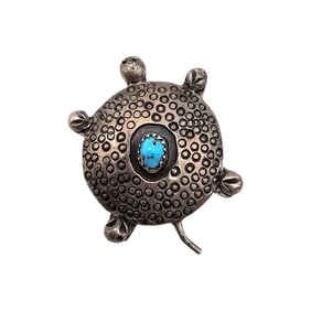 Navajo Turquoise Sterling Silver Stamped Turtle Pendant 8.9 G