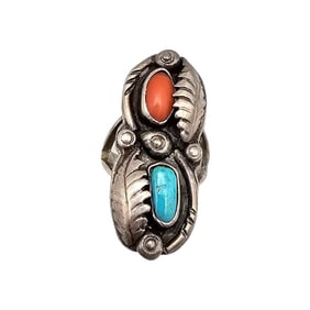 Navajo Turquoise Coral Sterling Silver Ring Size 5.25 8.5 G