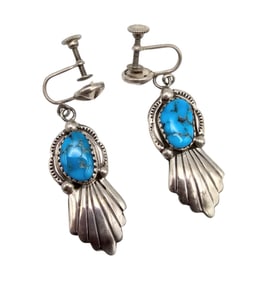 Signed LJ Native Turquoise Sterling Silver Earrings 7.7 G