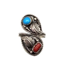 JJ Native Turquoise Coral Sterling Silver Wrap Ring Size 7.25 5.2 G