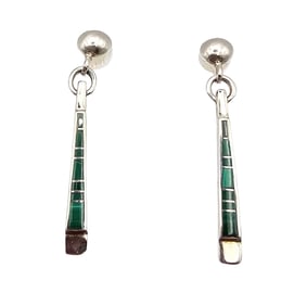 Zuni Malachite Sterling Silver Inlay Dangle Earrings 4.8 G