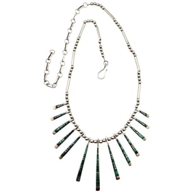 Zuni Malachite Sterling Silver Inlay Necklace 38.4 G