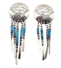 Native Turquoise Sterling Silver Thunderbird Fringe Dangle Earrings 5 G