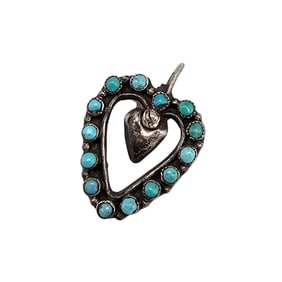 Zuni Turquoise Sterling Silver Snake Eye Heart Pendant 2.1 G