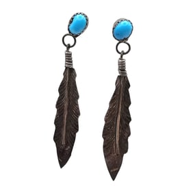 Navajo Turquoise Sterling Silver Feather Dangle Earrings 4.7 G