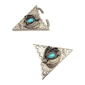 Navajo Turquoise Sterling Silver Stamp Work Belt Ends 13.3 G