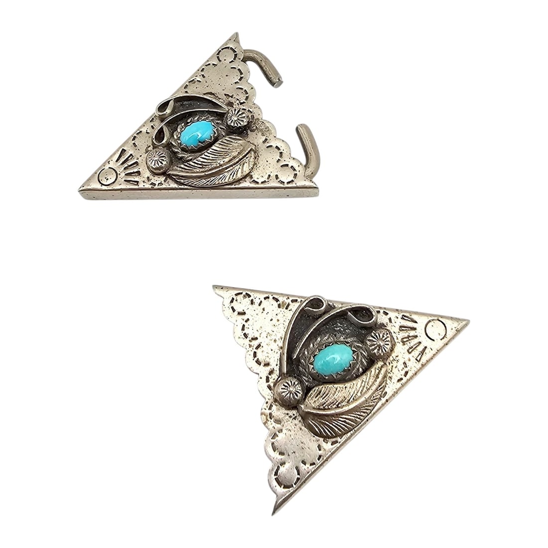 Navajo Turquoise Sterling Silver Stamp Work Belt Ends 13.3 G: Navajo Turquoise Sterling Silver Stamp Work Belt Ends 13.3 G