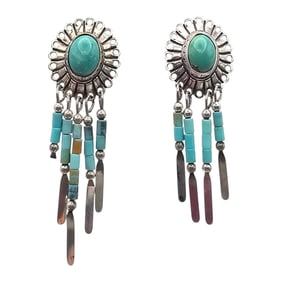 Native Turquoise Sterling Silver Fringe Dangle Earrings 4.8 G