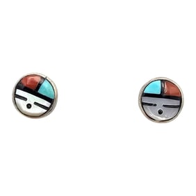 Zuni Coral Onyx Turquoise Mother Of Pearl Sterling Silver Sunface Earrings 1.2 G