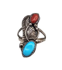 Navajo Coral Turquoise Sterling Silver Ring Size 8.25 3.6 G