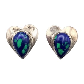 Signed SJ Native Azurite Sterling Silver Heart Earrings 5.5 G