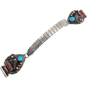 Rita Daves Navajo Turquoise Coral Sterling Silver Watch Band 16.5 G