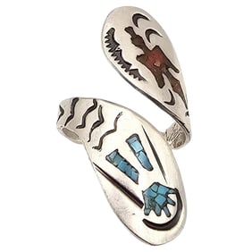 Navajo Crushed Turquoise Coral Sterling Silver Wrap Ring Size 8 7.1 G