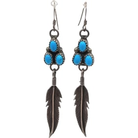 Signed B Native Turquoise Sterling Silver Feather Dangle Earrings 6.8 G