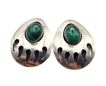 Navajo Malachite Sterling Silver Bear Paw Earrings 9.1 G