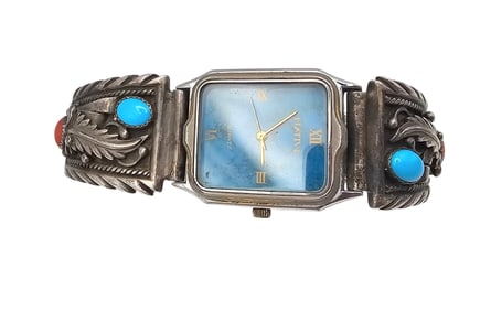 STC USA Turquoise Coral Sterling Silver Watch 58 G
