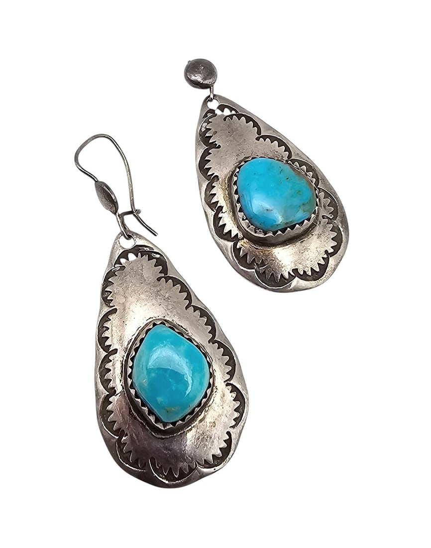 Navajo Turquoise Sterling Silver Dangle Earrings 7.4 G (1 of 4)