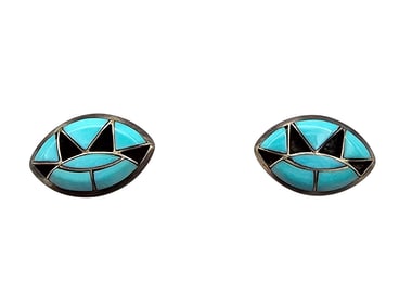 Navajo Turquoise Onyx Sterling Silver Inlay Earrings 1.9 G