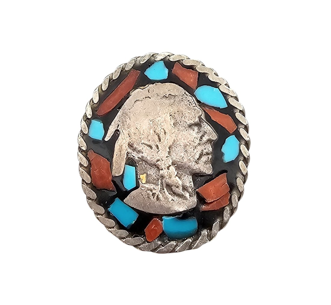 Native Buffalo Coin Turquoise Coral Sterling Silver Ring Size 6.5 13.1 G (1 of 4)