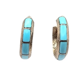Navajo Turquoise Sterling Silver Hoop Earrings 3.9 G