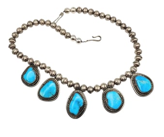 Navajo Turquoise Sterling Silver Handmade Station Necklace 53.2 G