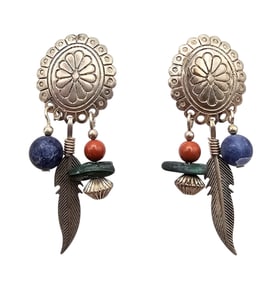Quac Trading Malachite Coral Lapis Sterling Silver Concho Dangle Earrings 4.8 G