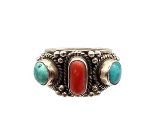 Southwestern Coral Turquoise Sterling Silver Ring Size 9 12.7 G
