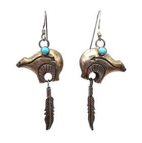 Southwestern Turquoise Sterling Silver Fetish Bear Feather Dangle Earrings 7 G