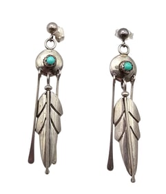 Signed Southwestern Turquoise Sterling Silver Feather Dangle Earrings 3.9 G