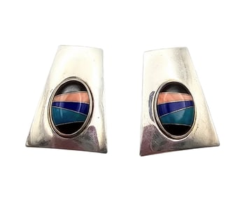 Signed Southwestern Native Multi Stone Sterling Silver Earrings 6.4 G