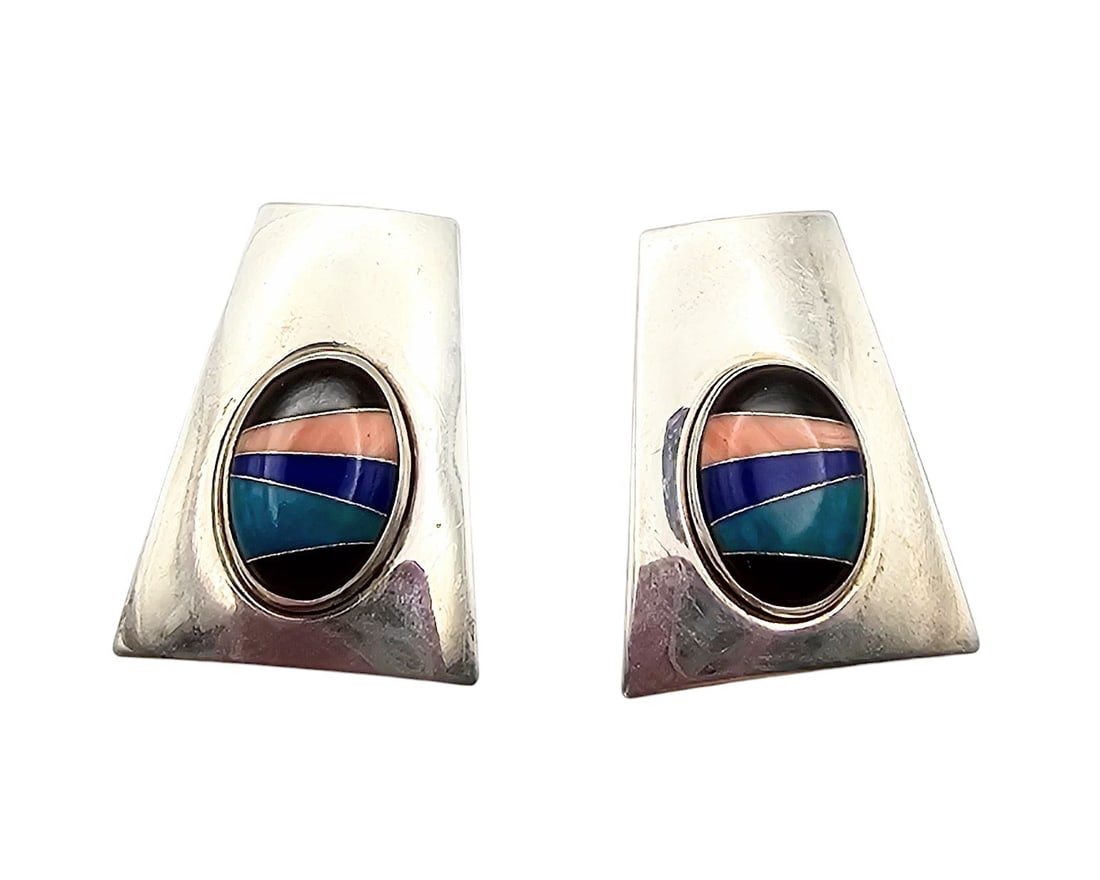 Signed Southwestern Native Multi Stone Sterling Silver Earrings 6.4 G (1 of 4)
