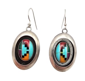 Southwestern Multi Stone Sterling Silver Dangle Earrings 6.9 G
