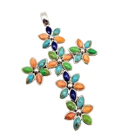 Southwestern Multi Stone Sterling Silver Cross Pendant 11 G