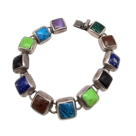 Mexico Multi Stone Sterling Silver Brac40.5 G