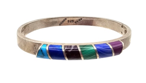 Mexico Multi Stone Sterling Silver Hinge Bangle Bracelet 37.8 G