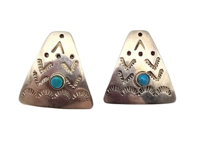 Mexico Turquoise Sterling Silver Stamp Work Earrings 11 G